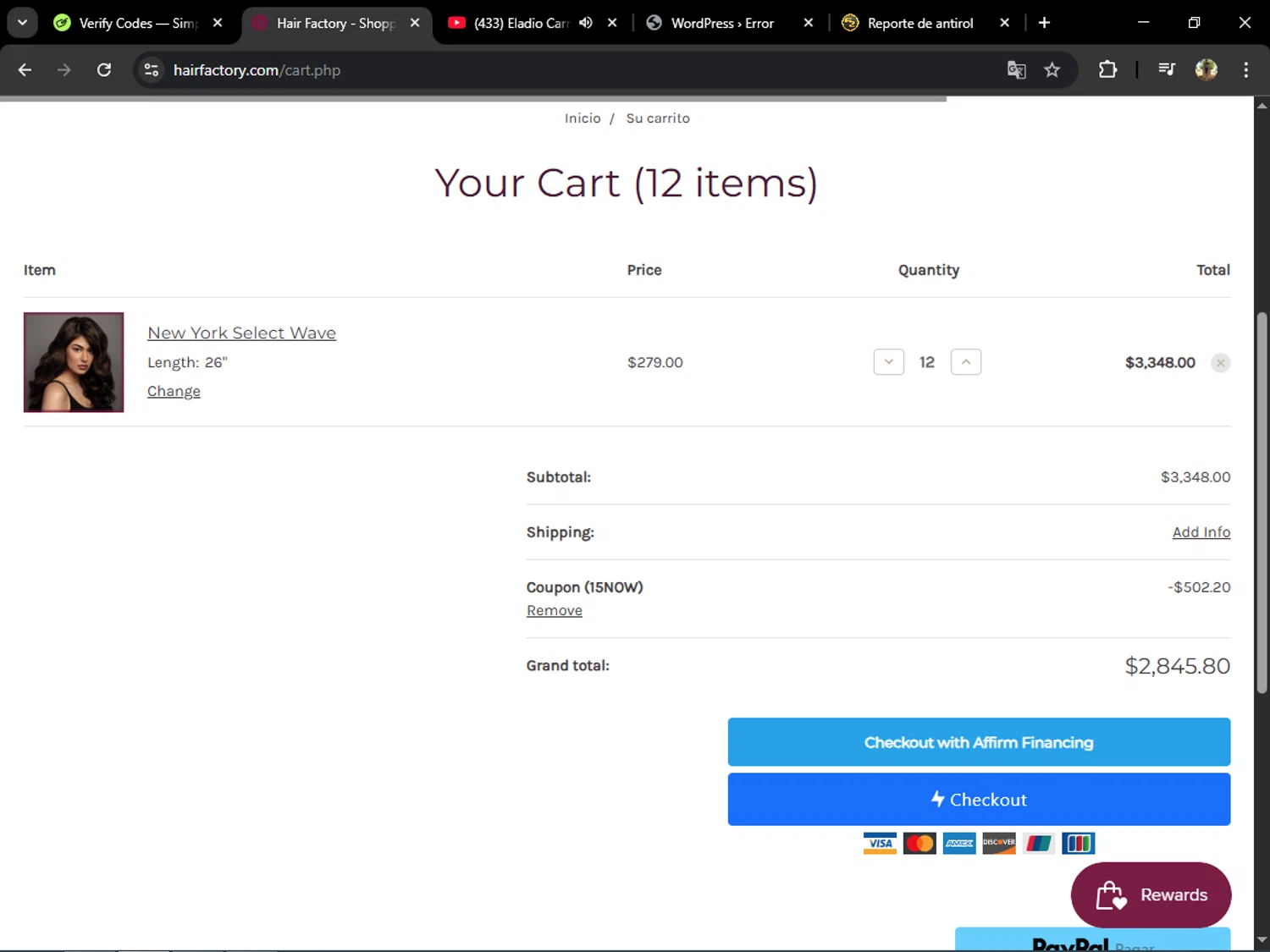 Hair Factory promo code screenshot showing code 15NOW applied at Hair Factory checkout page. Uploaded by SimplyCodes community member ELVERDEDESAMP on Jun 5, 2025