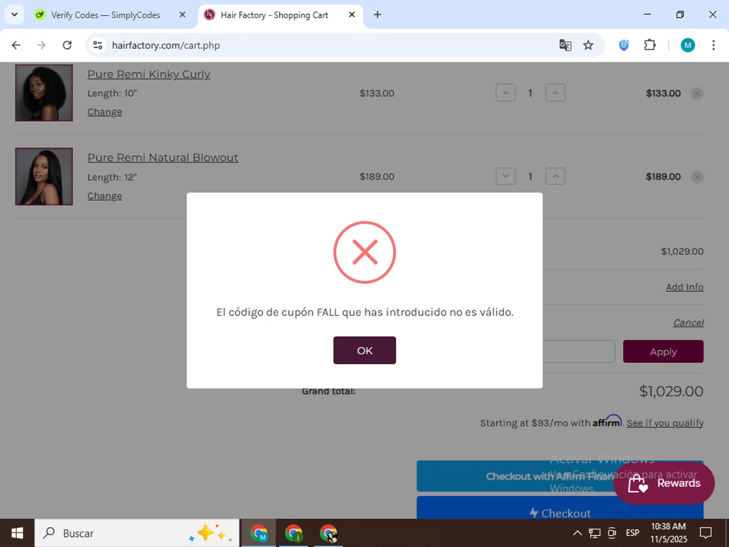 Hair Factory promo code screenshot showing code FALL applied at Hair Factory checkout page. Uploaded by SimplyCodes community member estrellaveloz on Nov 5, 2025