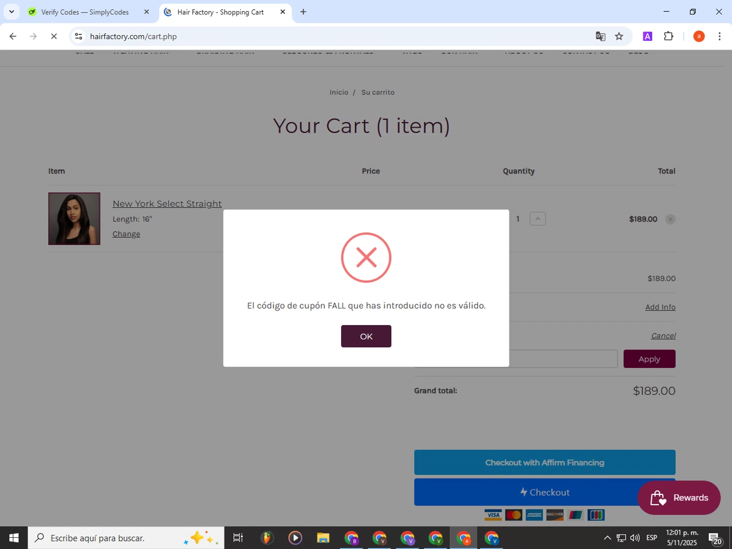 Hair Factory promo code screenshot showing code FALL applied at Hair Factory checkout page. Uploaded by SimplyCodes community member partenalgas on Nov 5, 2025