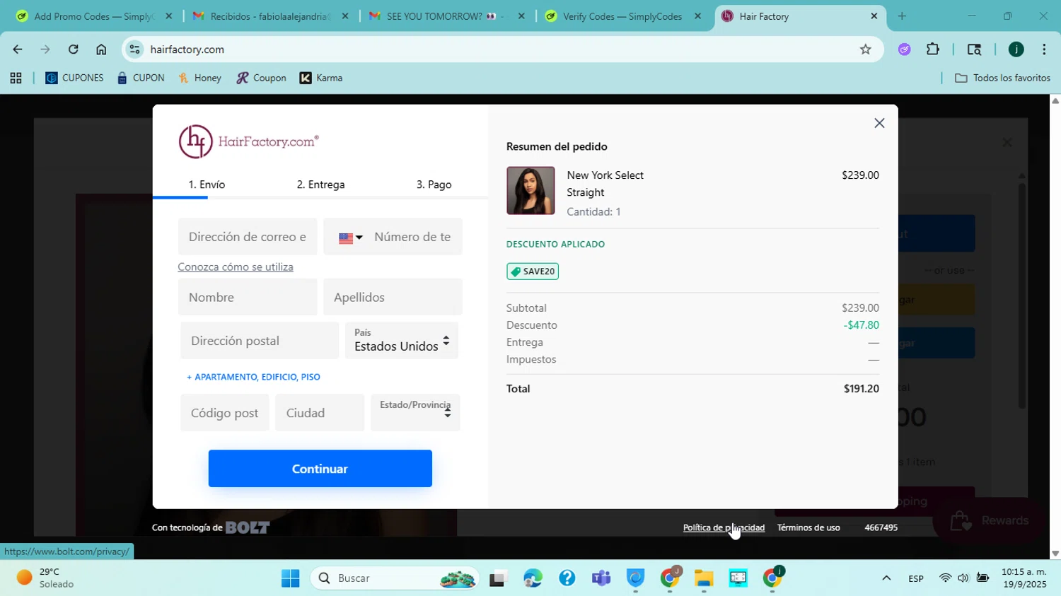 Hair Factory checkout page showing Hair Factory promo code box | Screenshot taken by SimplyCodes community member on Sep 19, 2025