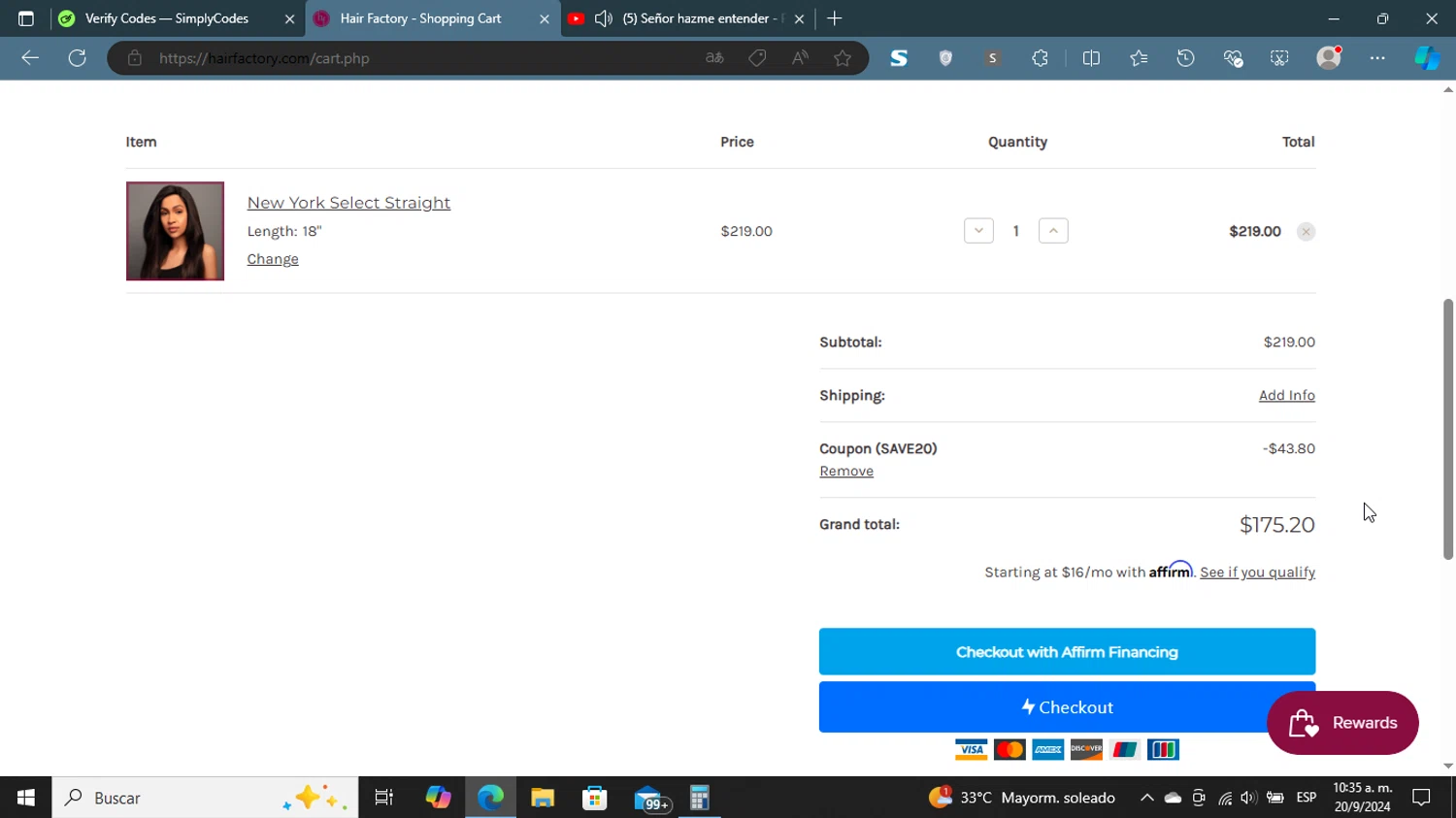 Hair Factory checkout page showing Hair Factory promo code box | Screenshot taken by SimplyCodes community member on Sep 20, 2024