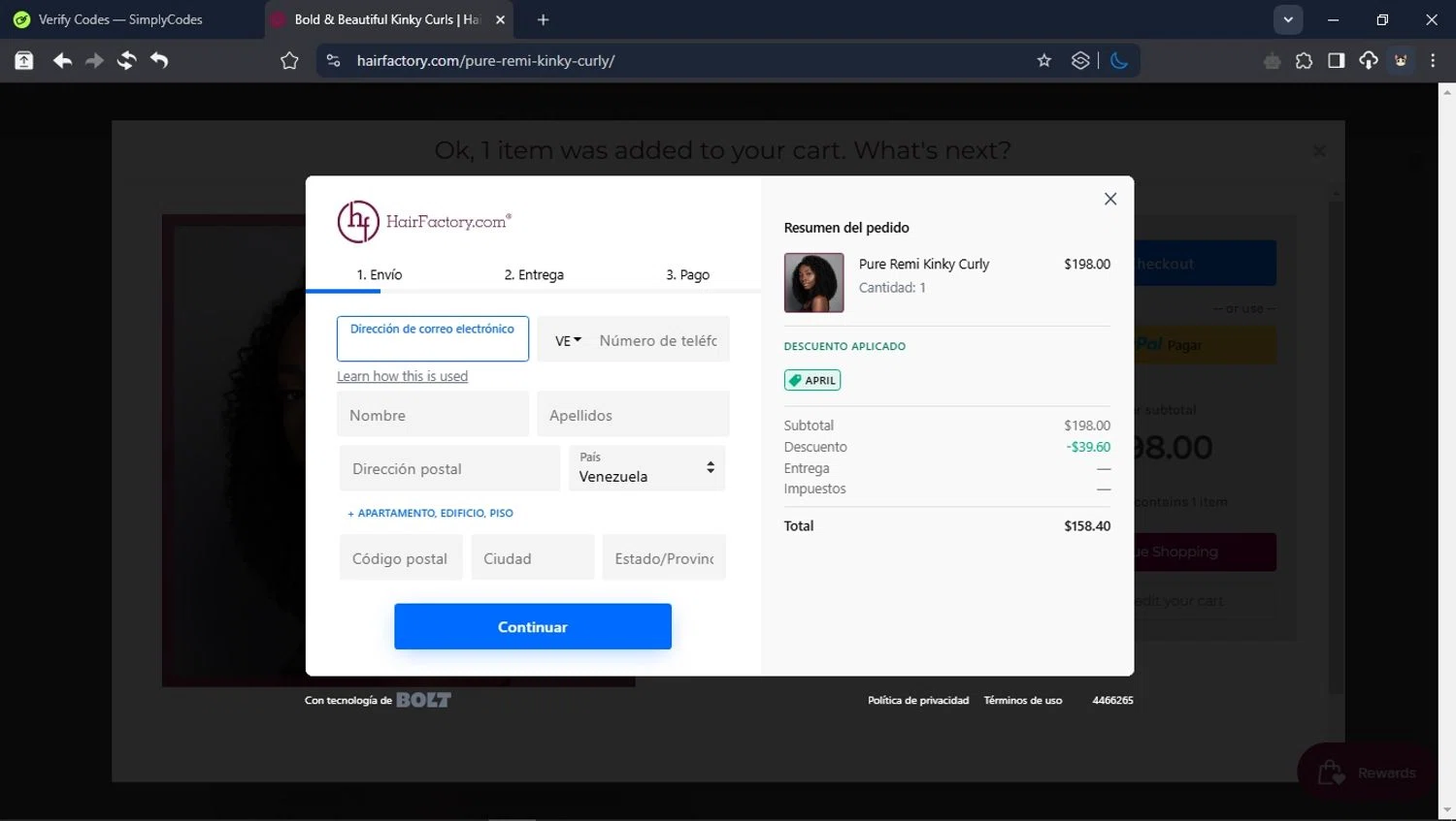 Hair Factory checkout page showing Hair Factory promo code box | Screenshot taken by SimplyCodes community member on Apr 13, 2025