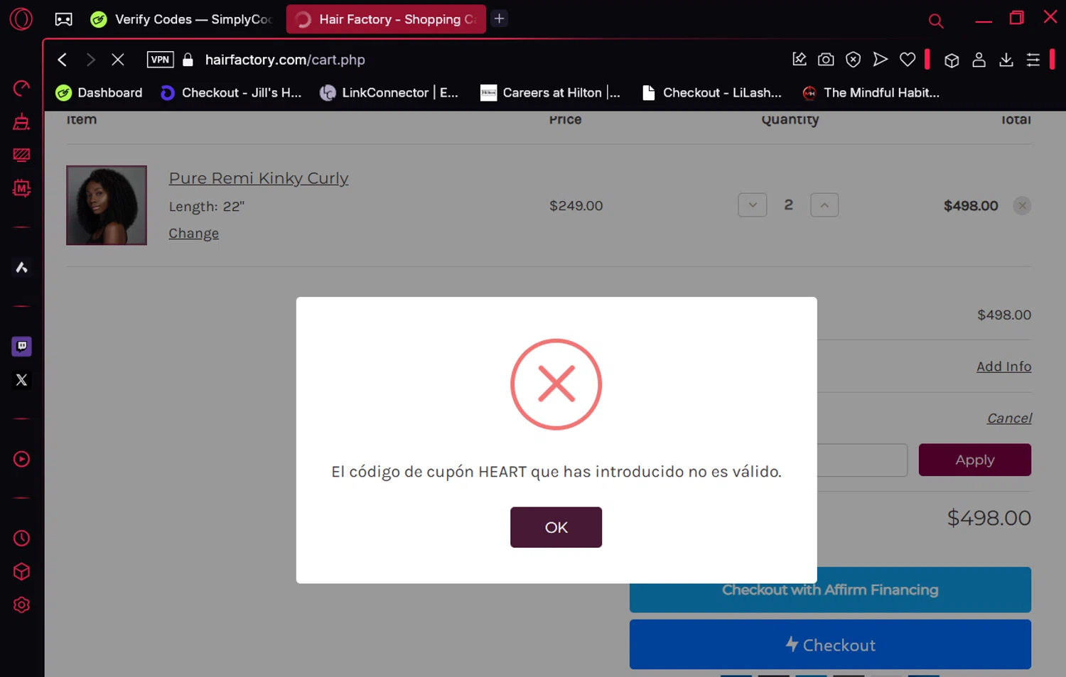 Hair Factory promo code screenshot showing code HEART applied at Hair Factory checkout page. Uploaded by SimplyCodes community member lyffytaro on Mar 13, 2025