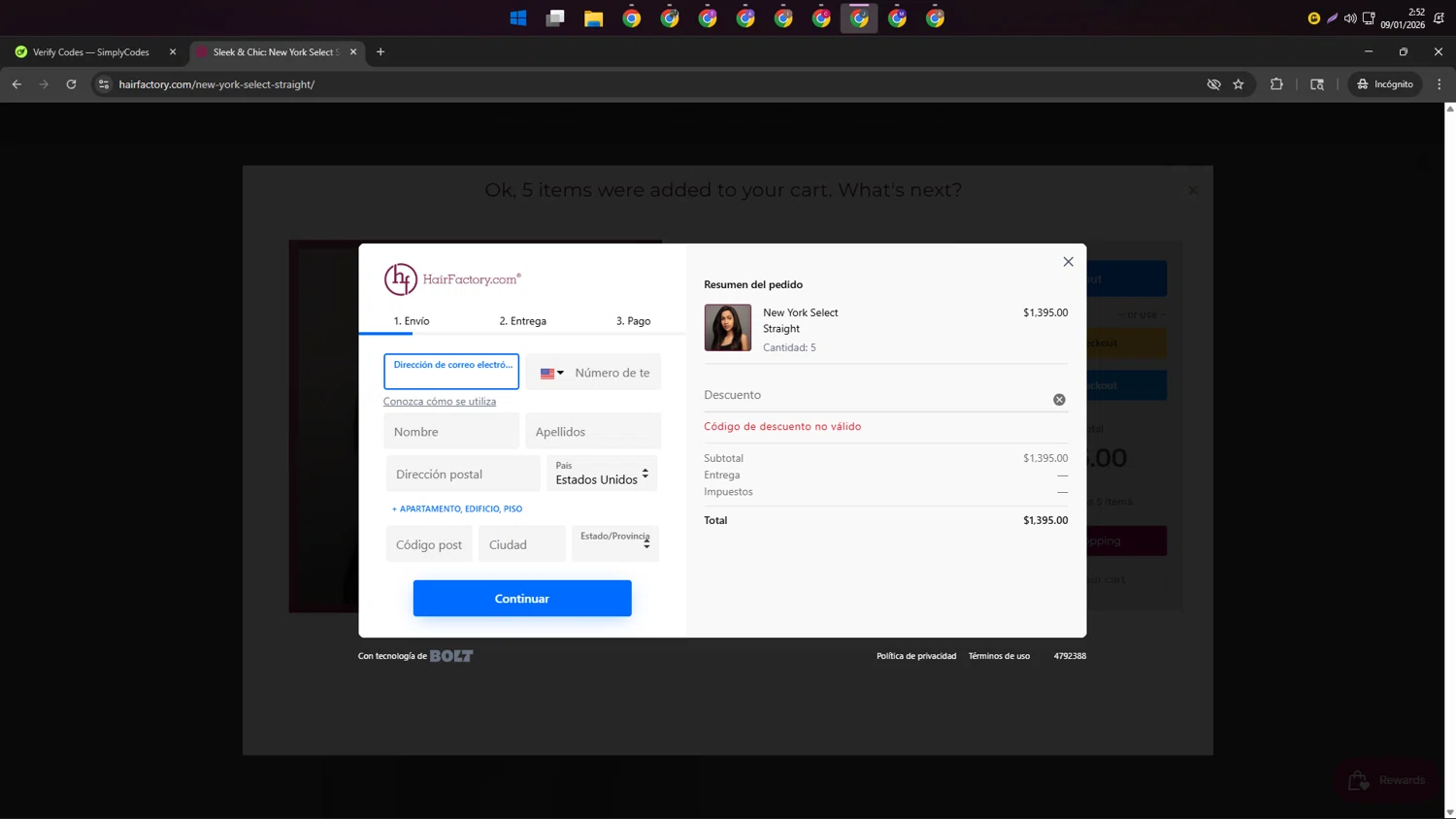 Hair Factory promo code screenshot showing code HOLIDAY applied at Hair Factory checkout page. Uploaded by SimplyCodes community member AVATIGRITO on Jan 9, 2026