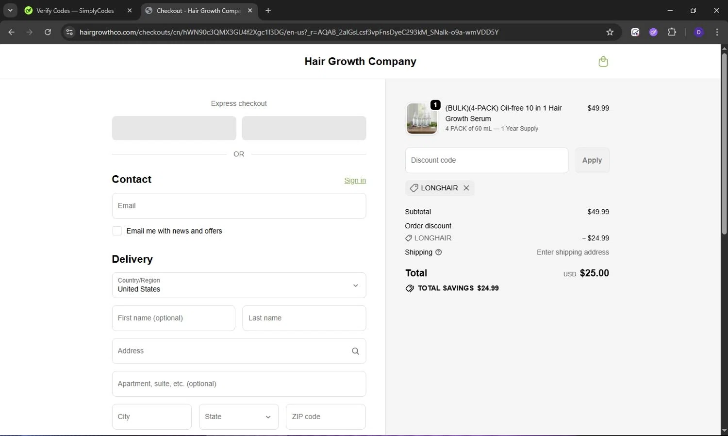 Hair Growth Co checkout page showing Hair Growth Co discount code box | Screenshot taken by SimplyCodes community member on Feb 20, 2026