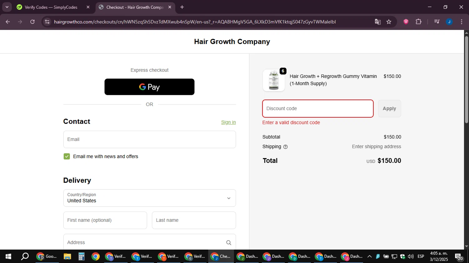 Hair Growth Co discount code screenshot showing code LONGHAIR applied at Hair Growth Co checkout page. Uploaded by SimplyCodes community member noesmith34ur on Dec 3, 2025