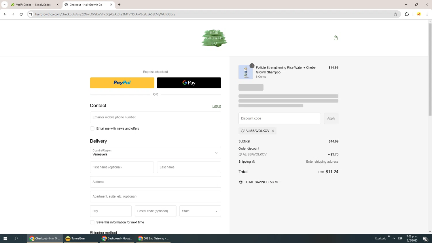 Hair Growth Co discount code screenshot showing code ALISSAVOLKOV applied at Hair Growth Co checkout page. Uploaded by SimplyCodes community member Richard251 on Feb 3, 2025
