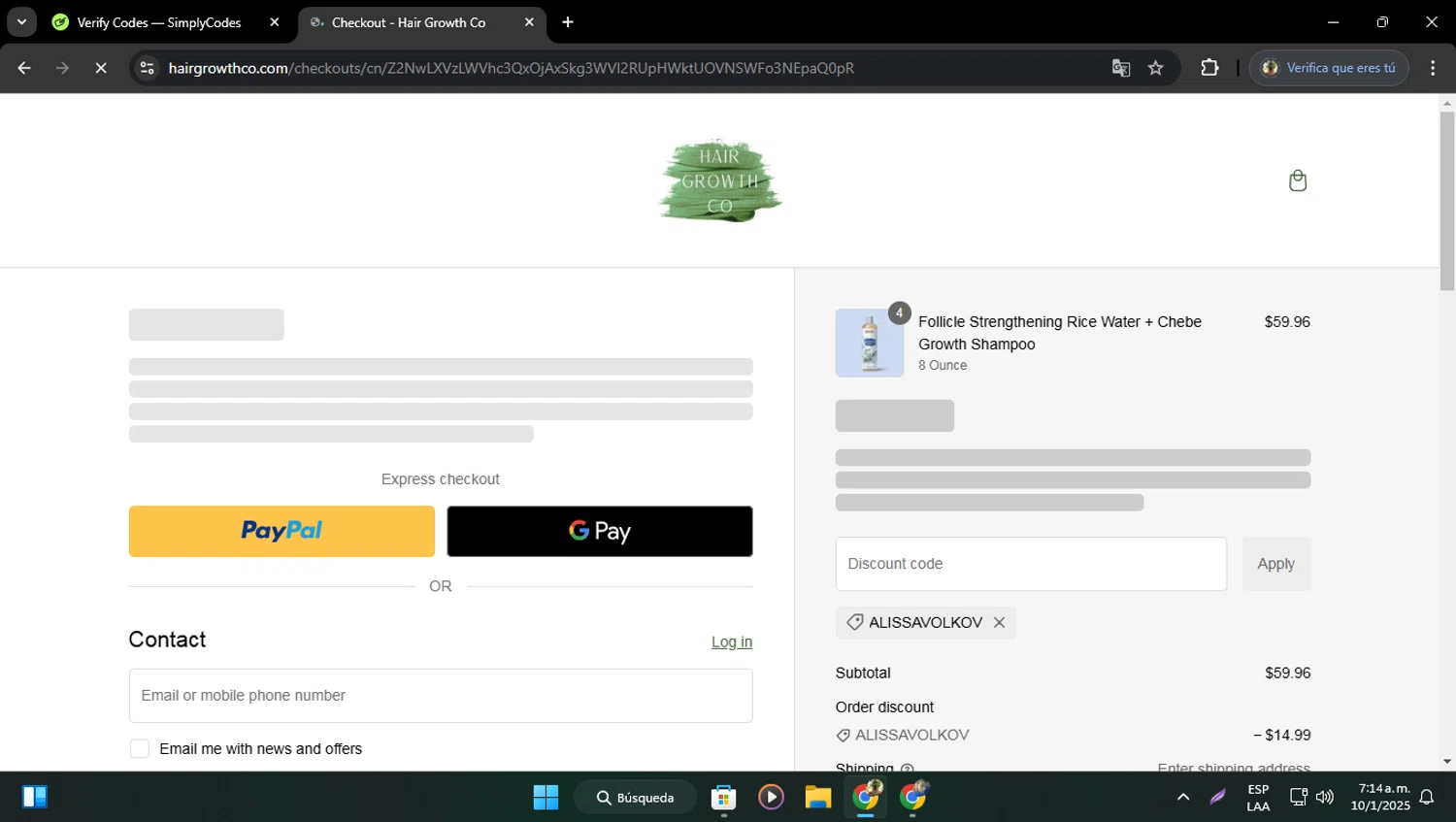 Hair Growth Co discount code screenshot showing code ALISSAVOLKOV applied at Hair Growth Co checkout page. Uploaded by SimplyCodes community member ELVERDEDESAMP on Jan 10, 2025