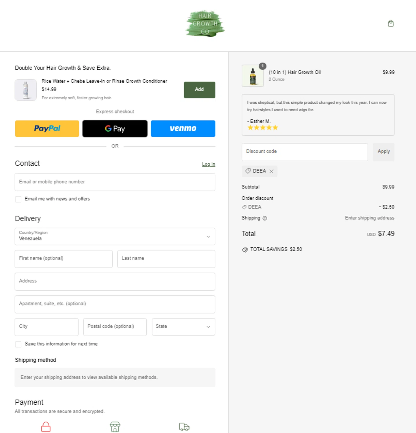 Hair Growth Co discount code screenshot showing code DEEA applied at Hair Growth Co checkout page. Uploaded by SimplyCodes community member ElonMusk on Jan 12, 2025