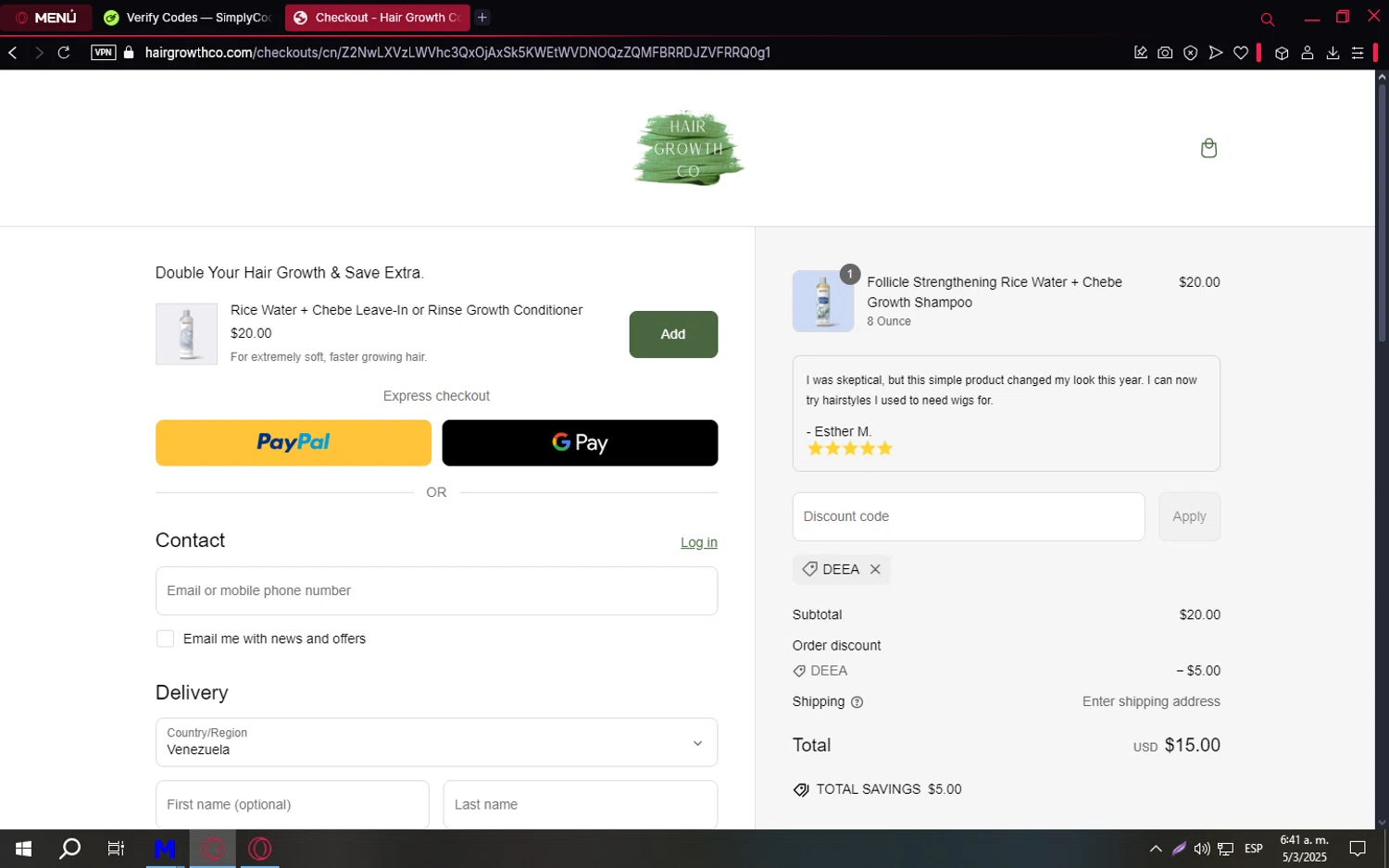 Hair Growth Co discount code screenshot showing code DEEA applied at Hair Growth Co checkout page. Uploaded by SimplyCodes community member TreasureCaptain9598 on Mar 5, 2025