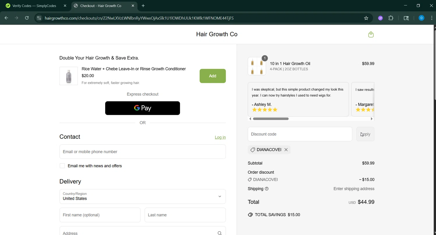 Hair Growth Co discount code screenshot showing code DIANACOVEI applied at Hair Growth Co checkout page. Uploaded by SimplyCodes community member GoldAdmiral5202 on Jun 20, 2025