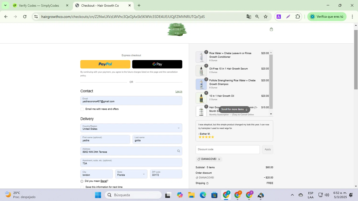 Hair Growth Co discount code screenshot showing code DIANACOVEI applied at Hair Growth Co checkout page. Uploaded by SimplyCodes community member ycg487 on Mar 5, 2025