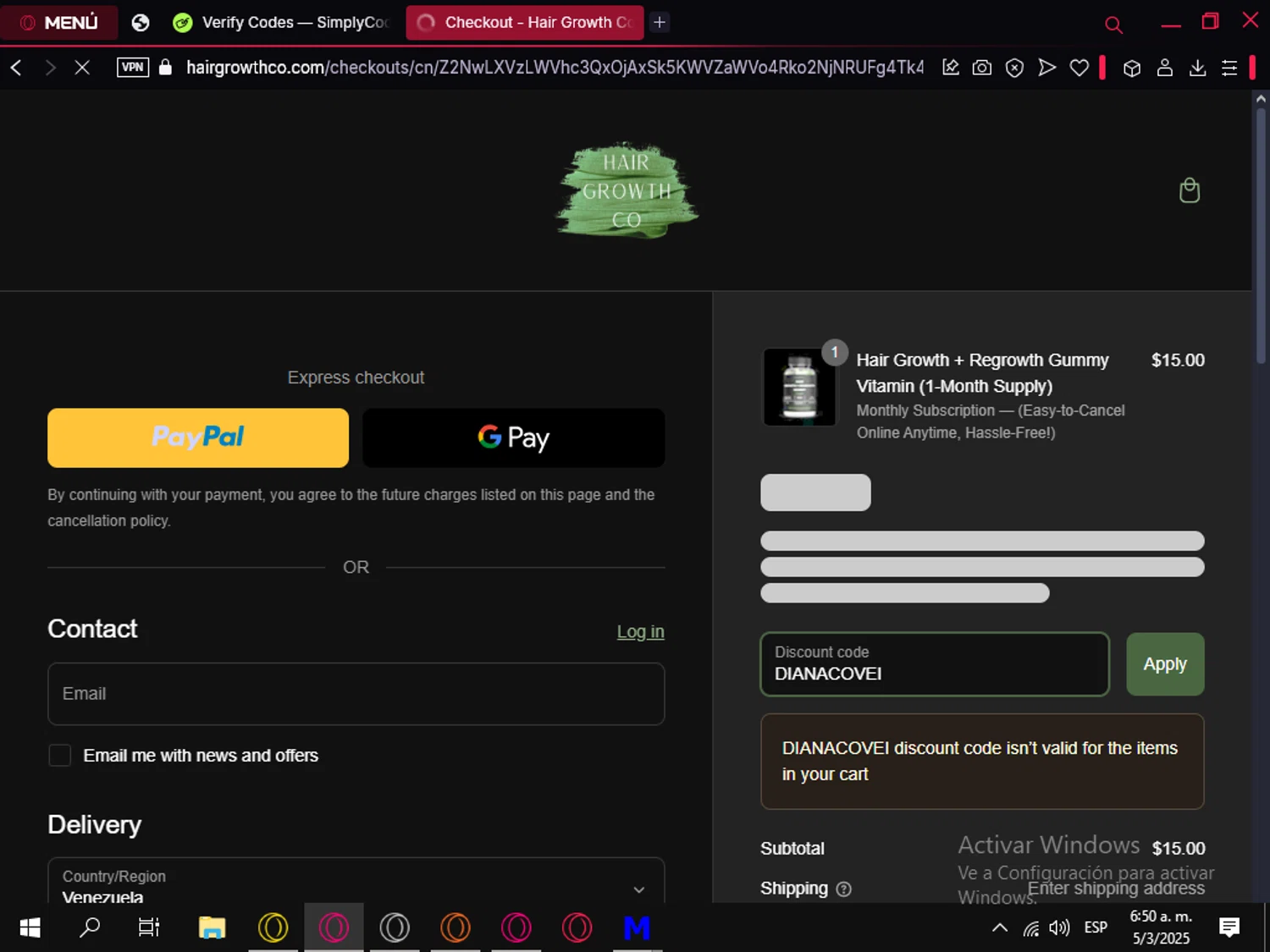 Hair Growth Co discount code screenshot showing code DIANACOVEI applied at Hair Growth Co checkout page. Uploaded by SimplyCodes community member LegendaryFox9861 on Mar 5, 2025