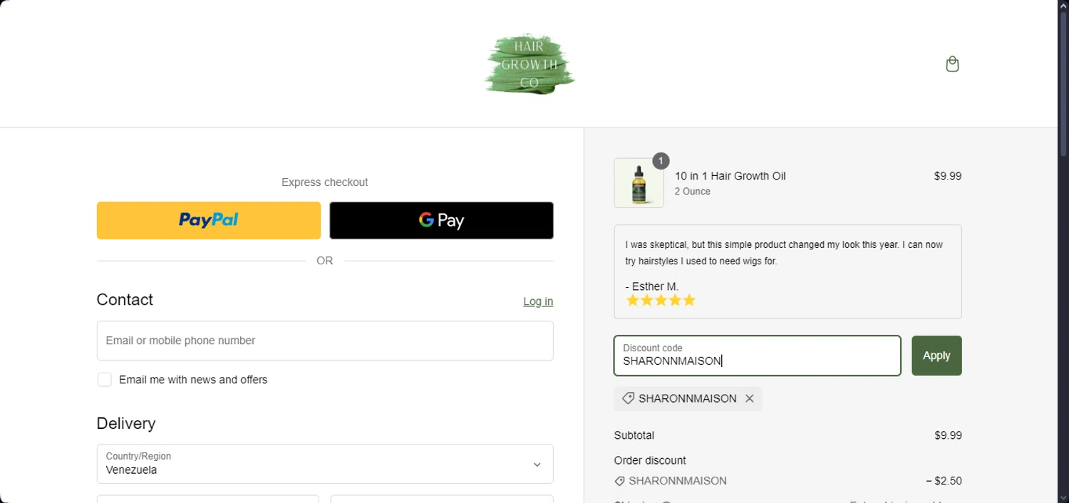 Hair Growth Co discount code screenshot showing code SHARONNMAISON applied at Hair Growth Co checkout page. Uploaded by SimplyCodes community member Santi_ago on Jan 26, 2025
