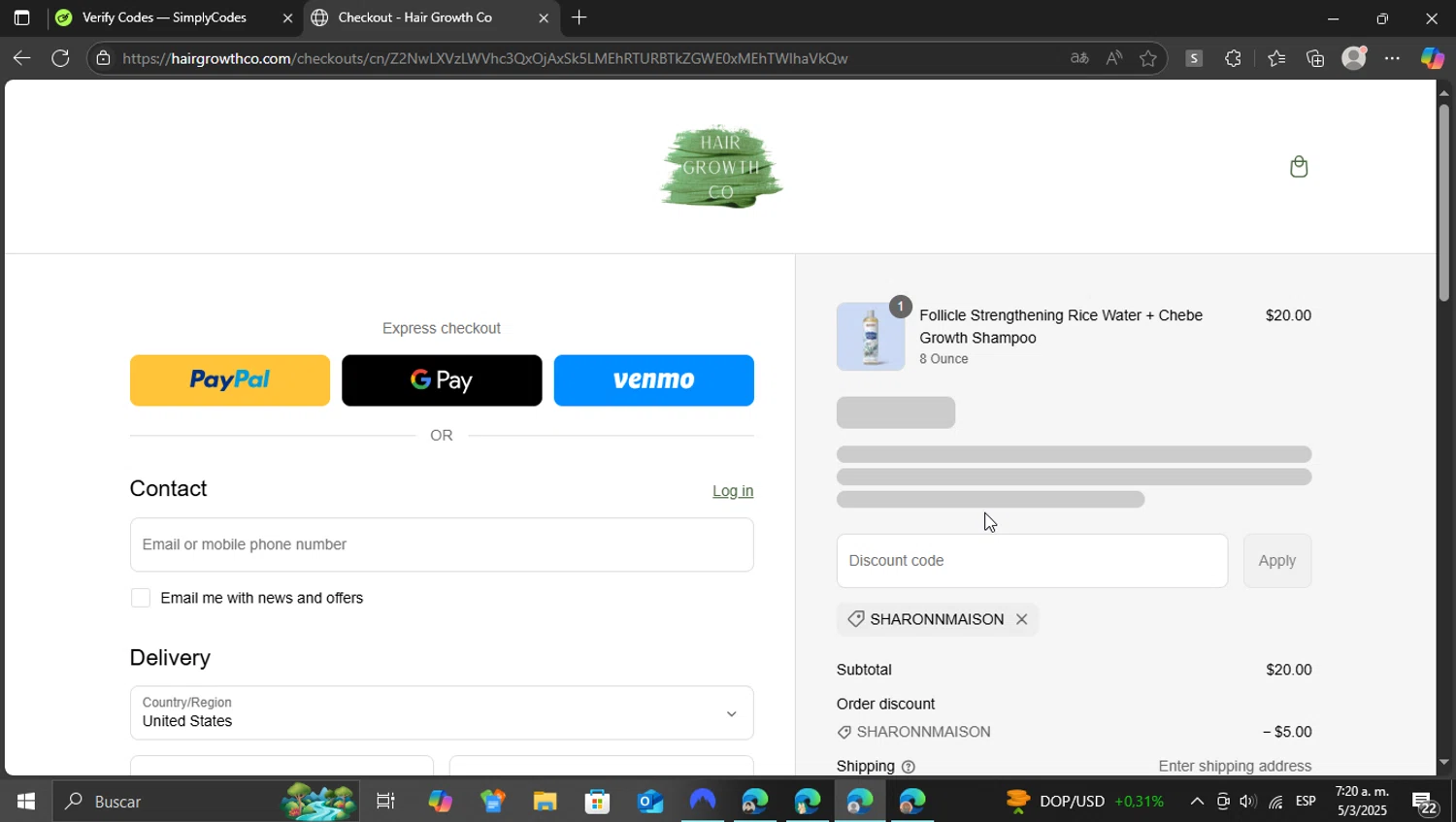 Hair Growth Co discount code screenshot showing code SHARONNMAISON applied at Hair Growth Co checkout page. Uploaded by SimplyCodes community member vasijadeaceite on Mar 5, 2025