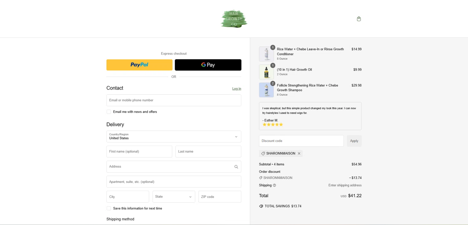 Hair Growth Co discount code screenshot showing code SHARONNMAISON applied at Hair Growth Co checkout page. Uploaded by SimplyCodes community member HoneyJean on Dec 26, 2024