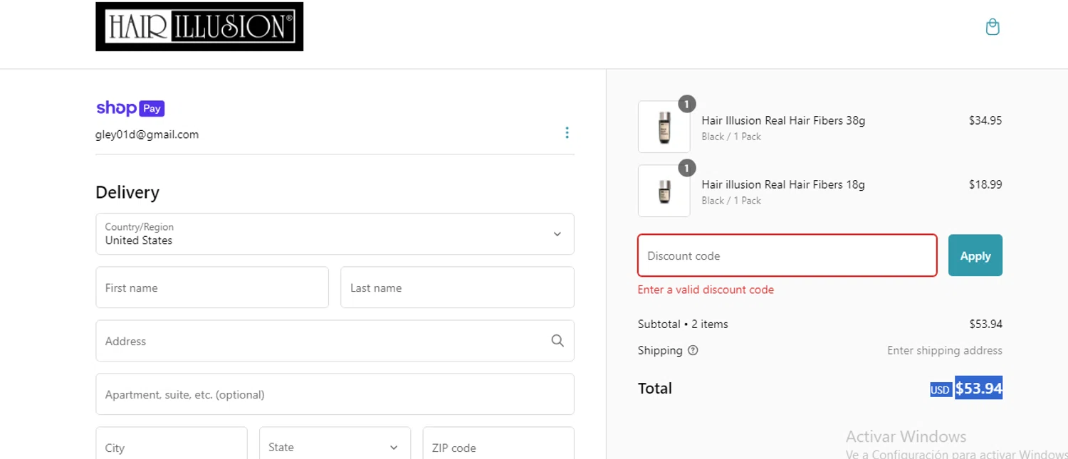 Hair Illusion discount code screenshot showing code FB20 applied at Hair Illusion checkout page. Uploaded by SimplyCodes community member MoneyVoyager6841 on Jan 16, 2025