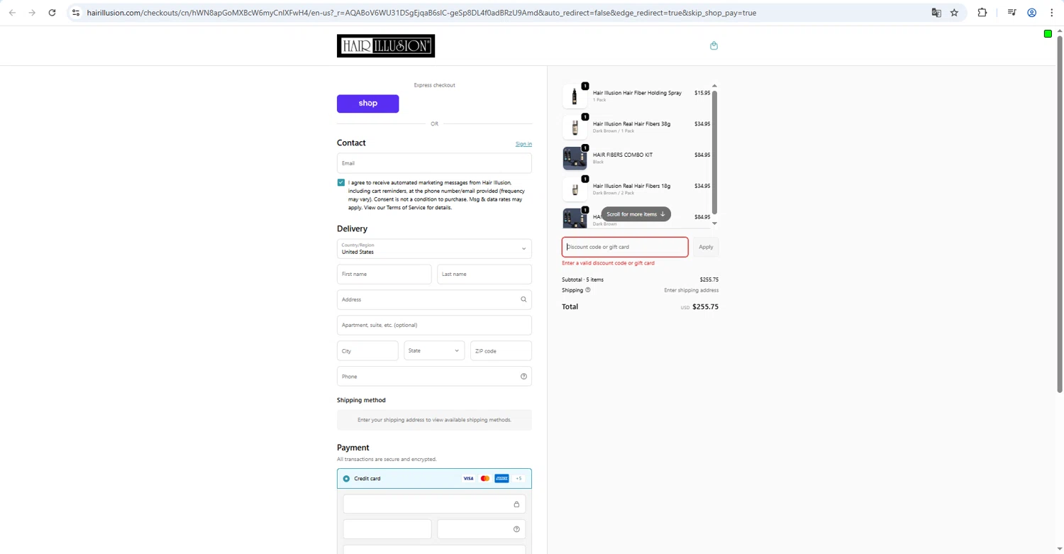 Hair Illusion discount code screenshot showing code FB20 applied at Hair Illusion checkout page. Uploaded by SimplyCodes community member kaiser2 on Feb 9, 2026