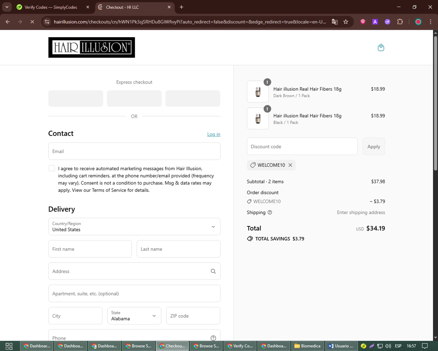 Hair Illusion discount code screenshot showing code WELCOME10 applied at Hair Illusion checkout page. Uploaded by SimplyCodes community member Richard_Miller on Aug 4, 2025