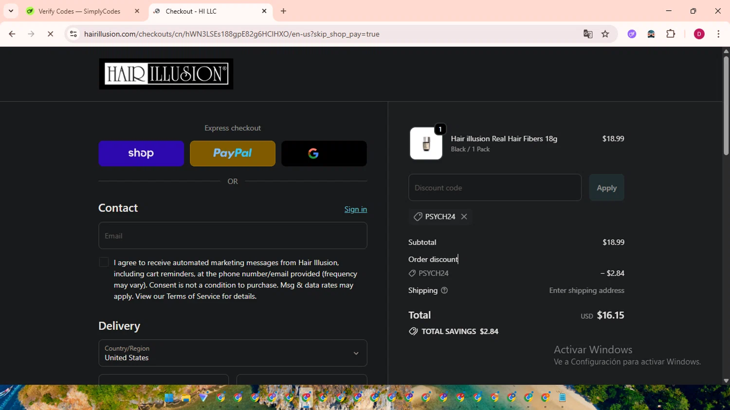 Hair Illusion discount code screenshot showing code PSYCH24 applied at Hair Illusion checkout page. Uploaded by SimplyCodes community member EpicSaver9948 on Sep 24, 2025