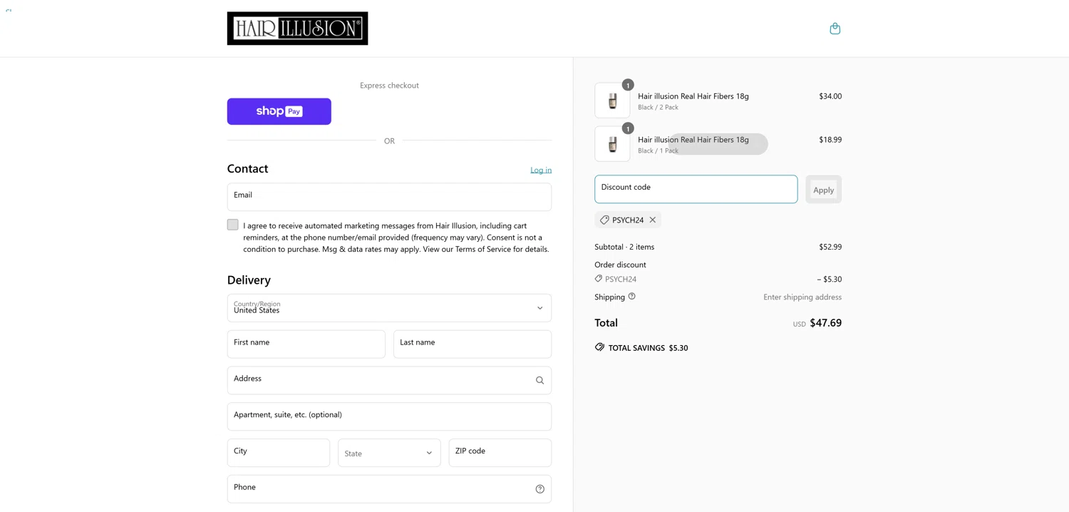 Hair Illusion discount code screenshot showing code PSYCH24 applied at Hair Illusion checkout page. Uploaded by SimplyCodes community member CashSentinel5495 on Mar 26, 2025