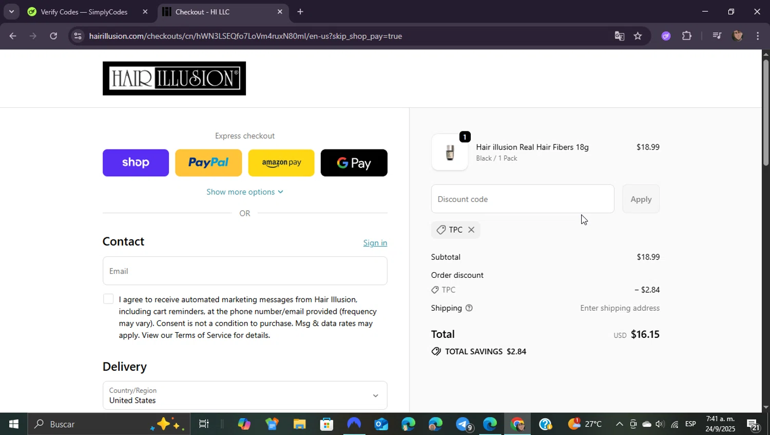 Hair Illusion discount code screenshot showing code TPC applied at Hair Illusion checkout page. Uploaded by SimplyCodes community member ShieldEagle9436 on Sep 24, 2025