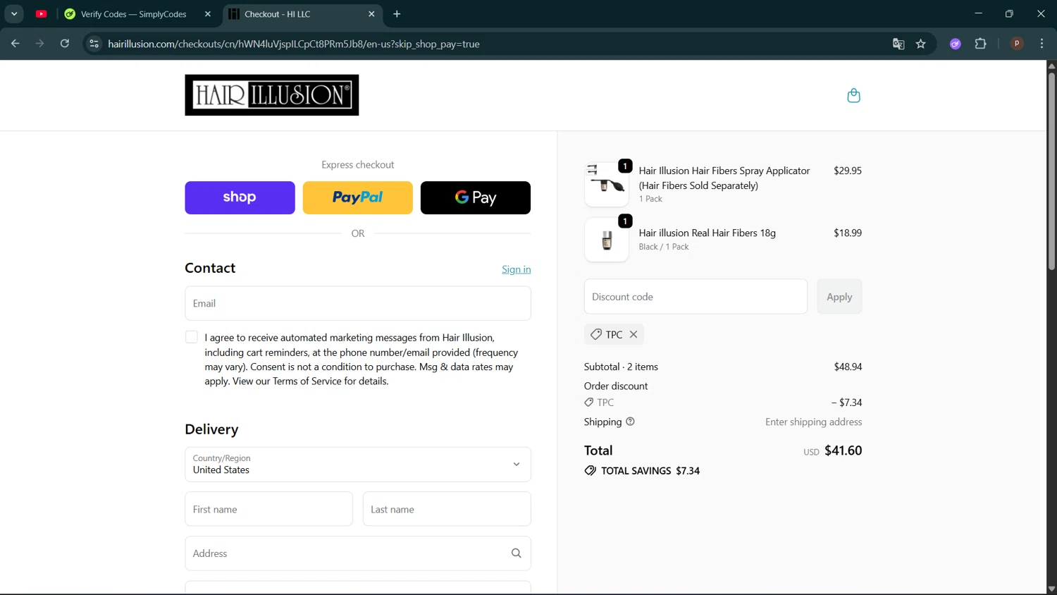 Hair Illusion discount code screenshot showing code TPC applied at Hair Illusion checkout page. Uploaded by SimplyCodes community member ShrewdPro2243 on Nov 1, 2025