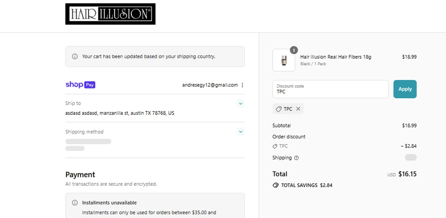 Hair Illusion discount code screenshot showing code TPC applied at Hair Illusion checkout page. Uploaded by SimplyCodes community member Woskal on Aug 8, 2025