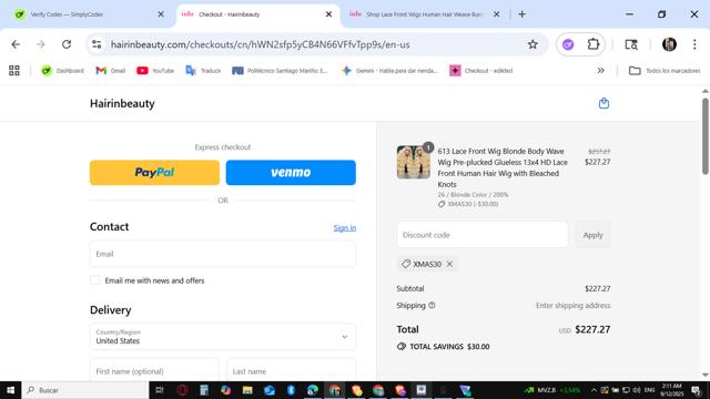 Hairinbeauty checkout page showing Hairinbeauty coupon code box | Screenshot taken by SimplyCodes community member on Sep 12, 2025