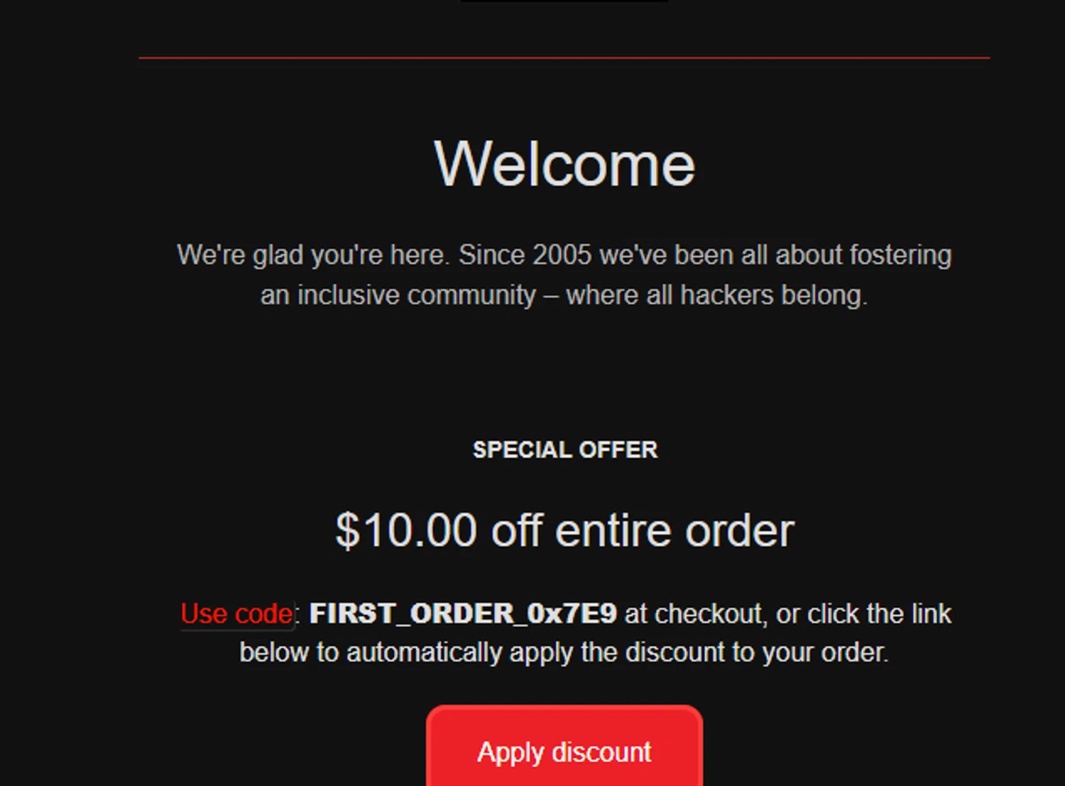 Hak5 discount code screenshot showing code FIRST_ORDER_0x7E9 applied at Hak5 checkout page. Uploaded by SimplyCodes community member 111111 on May 4, 2025