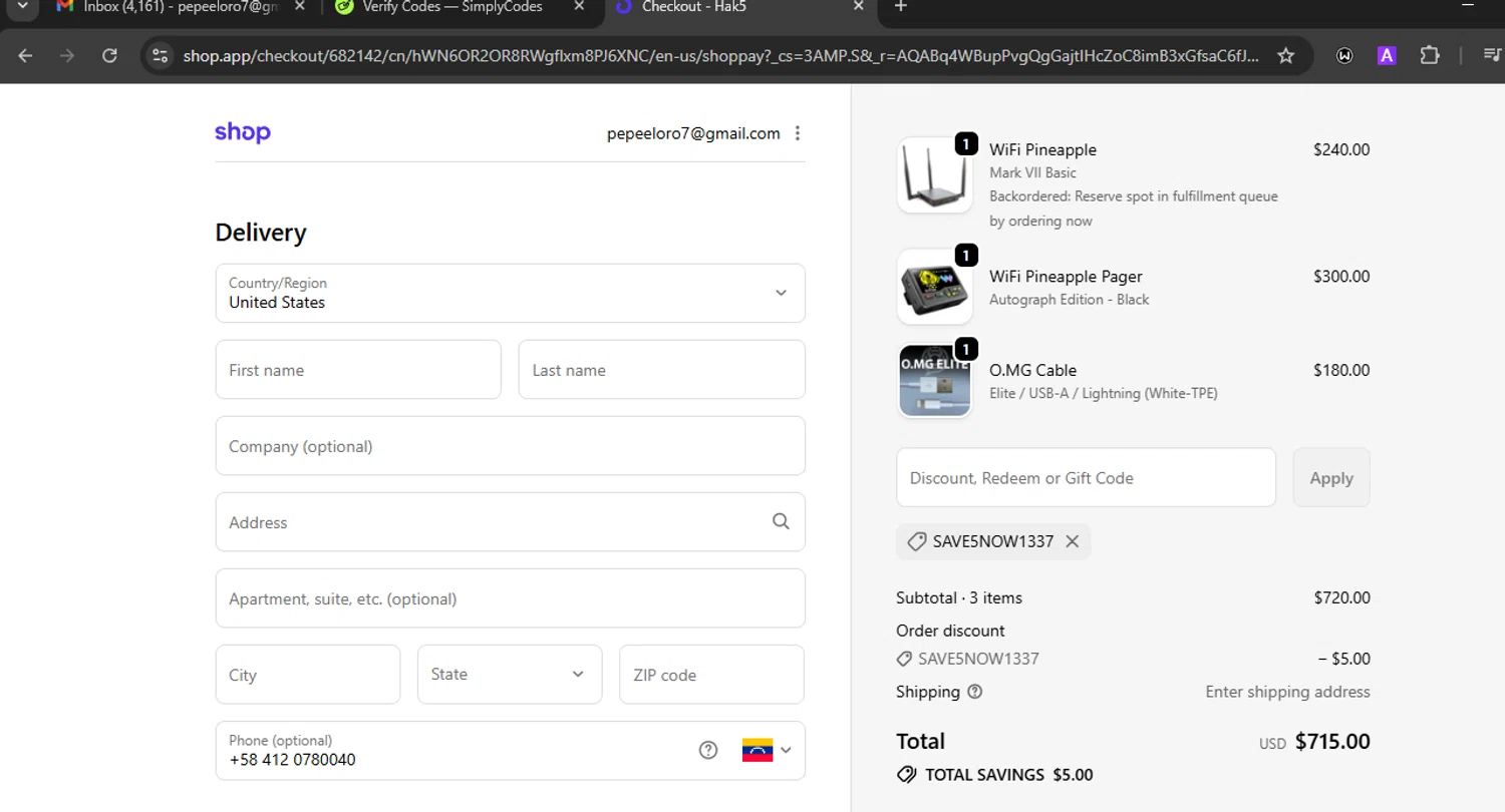 Hak5 discount code screenshot showing code SAVE5NOW1337 applied at Hak5 checkout page. Uploaded by SimplyCodes community member Eminem on Dec 13, 2025