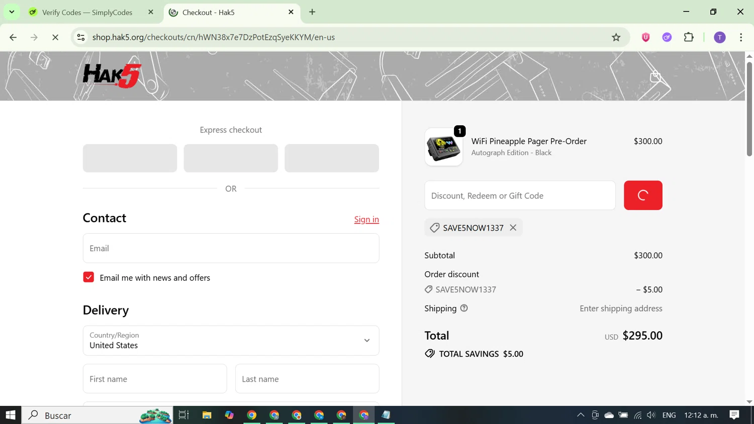 Hak5 discount code screenshot showing code SAVE5NOW1337 applied at Hak5 checkout page. Uploaded by SimplyCodes community member FortunateCurator5882 on Sep 19, 2025
