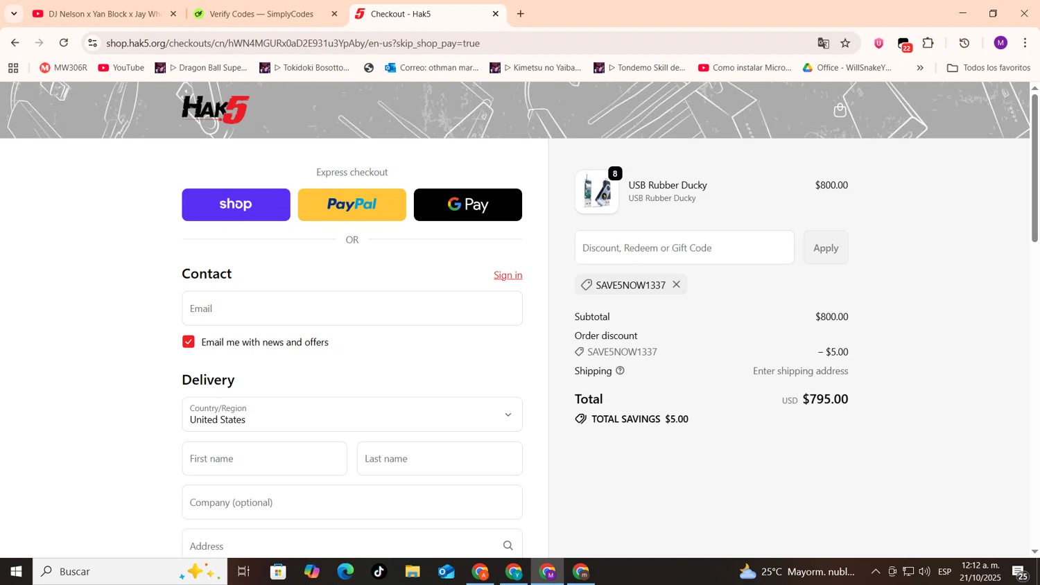 Hak5 discount code screenshot showing code SAVE5NOW1337 applied at Hak5 checkout page. Uploaded by SimplyCodes community member cod_gakpo on Oct 21, 2025