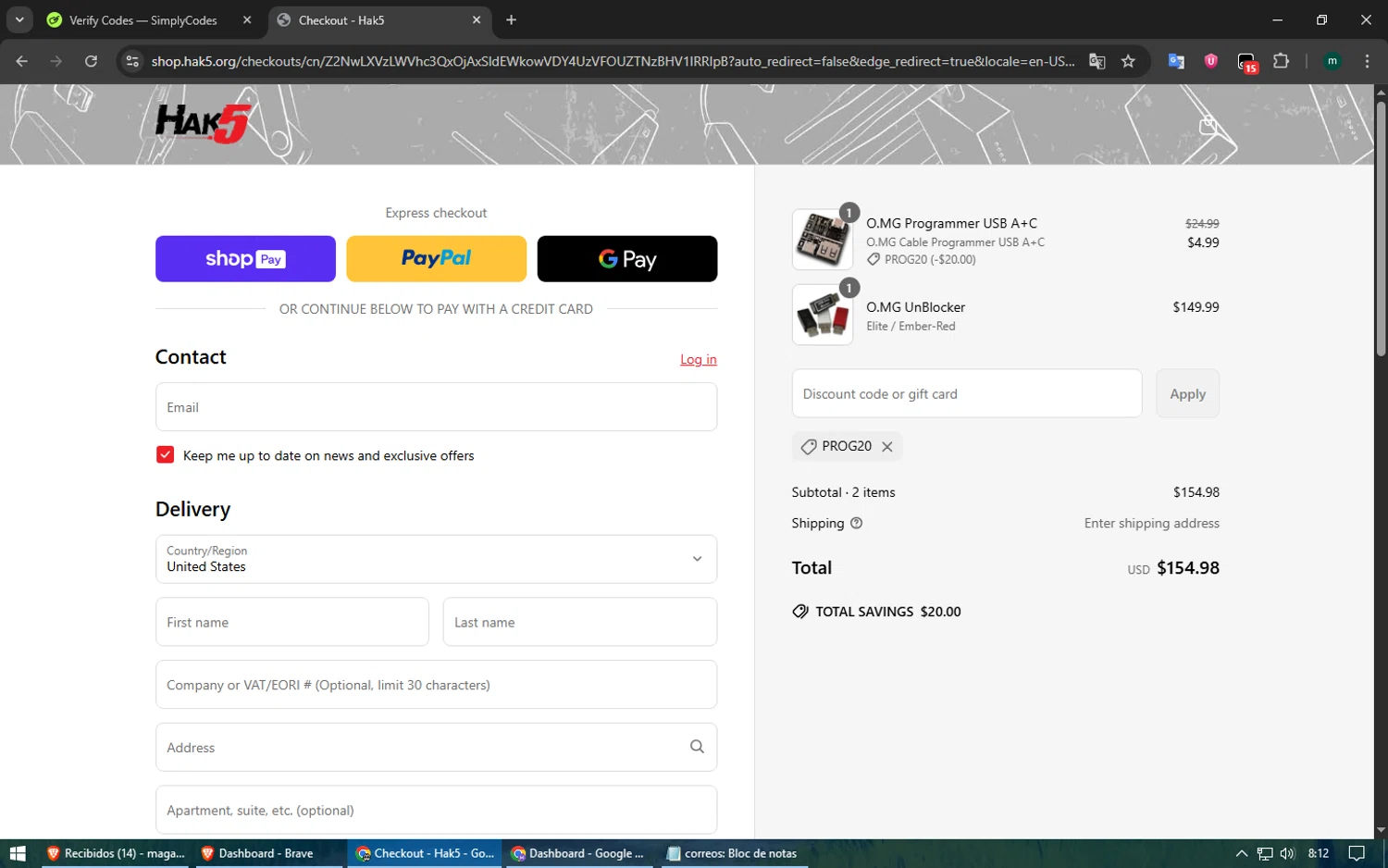 Hak5 discount code screenshot showing code PROG20 applied at Hak5 checkout page. Uploaded by SimplyCodes community member ShieldElite2370 on May 29, 2025