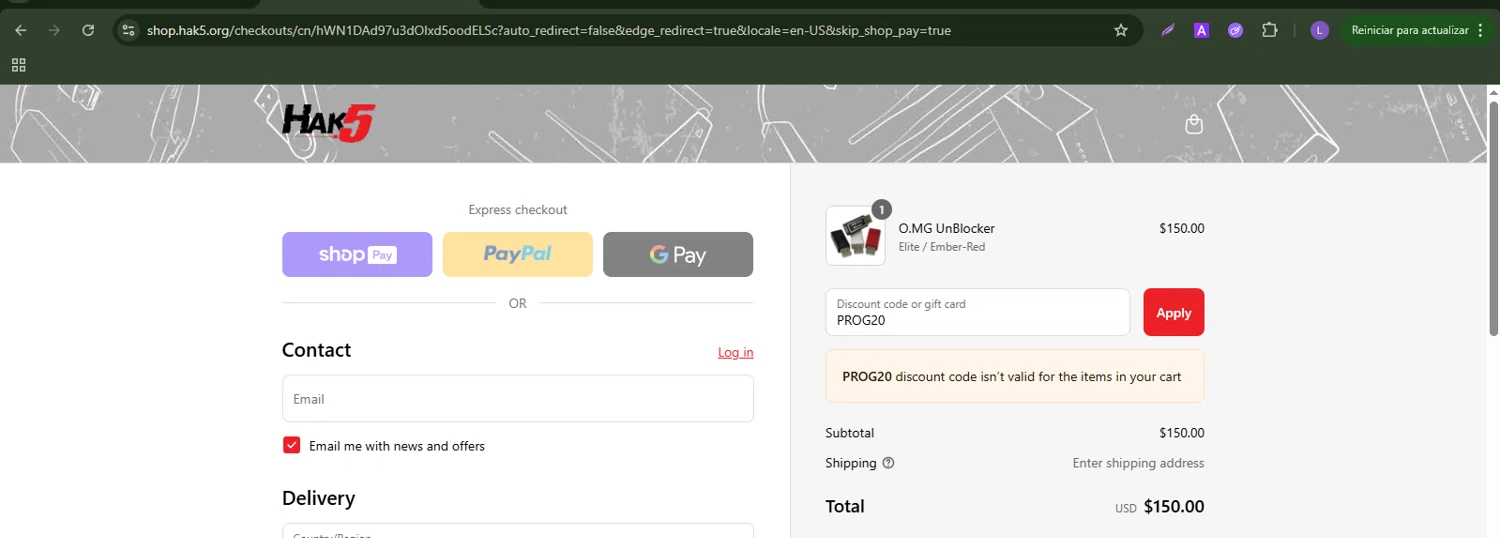 Hak5 discount code screenshot showing code PROG20 applied at Hak5 checkout page. Uploaded by SimplyCodes community member xiolemarromero on Jul 30, 2025