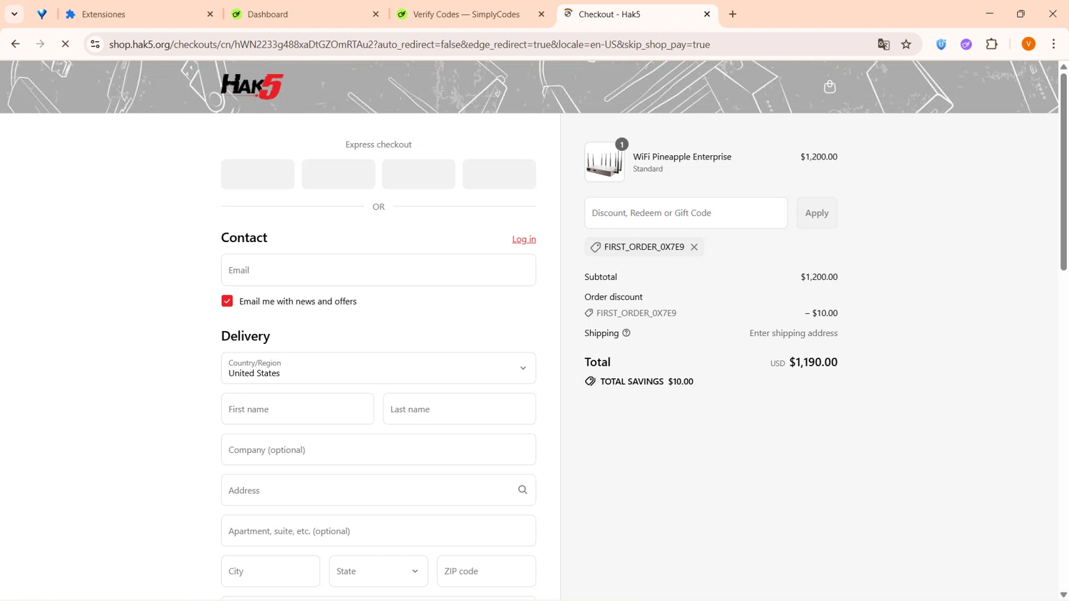 Hak5 discount code screenshot showing code FIRST_ORDER_0x7E9 applied at Hak5 checkout page. Uploaded by SimplyCodes community member FortunateFinder9465 on Aug 20, 2025