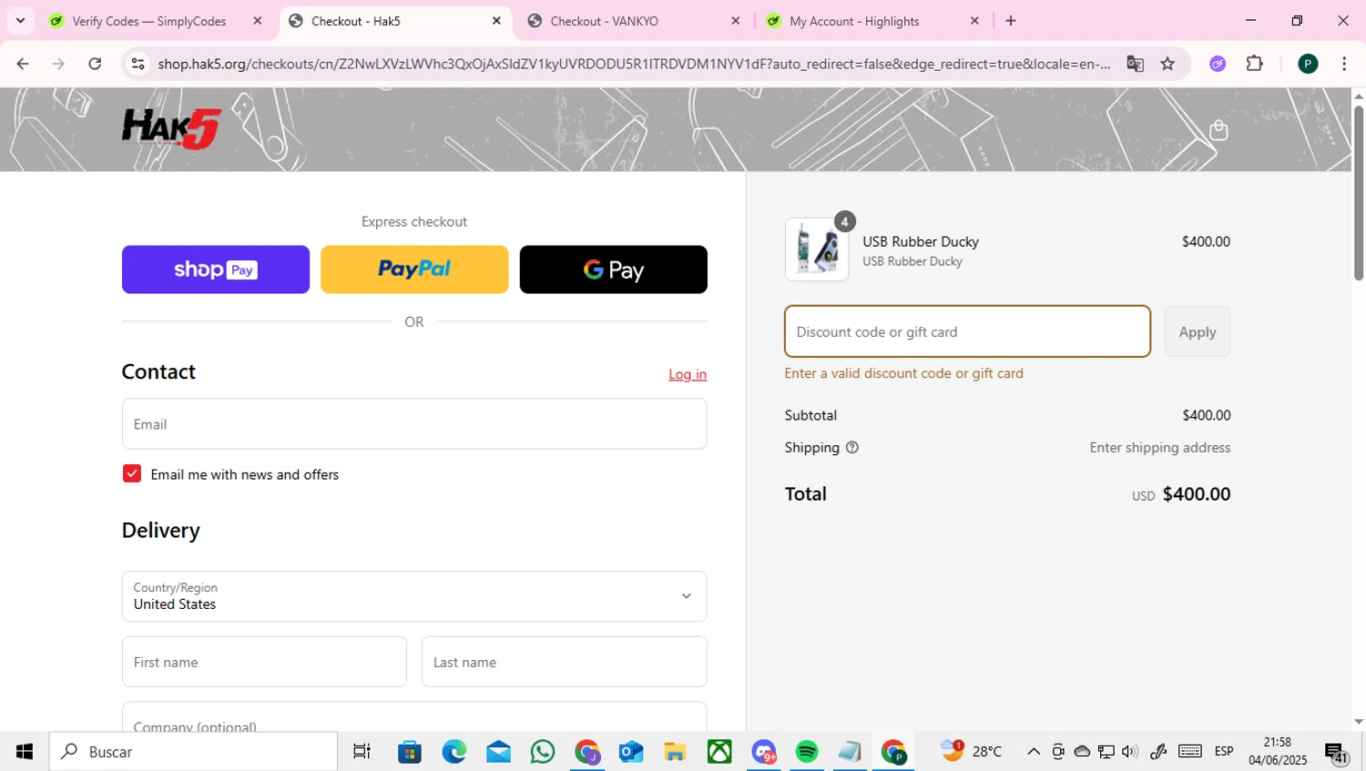 Hak5 discount code screenshot showing code MEM25 applied at Hak5 checkout page. Uploaded by SimplyCodes community member RoyalAdmiral4824 on Jun 5, 2025