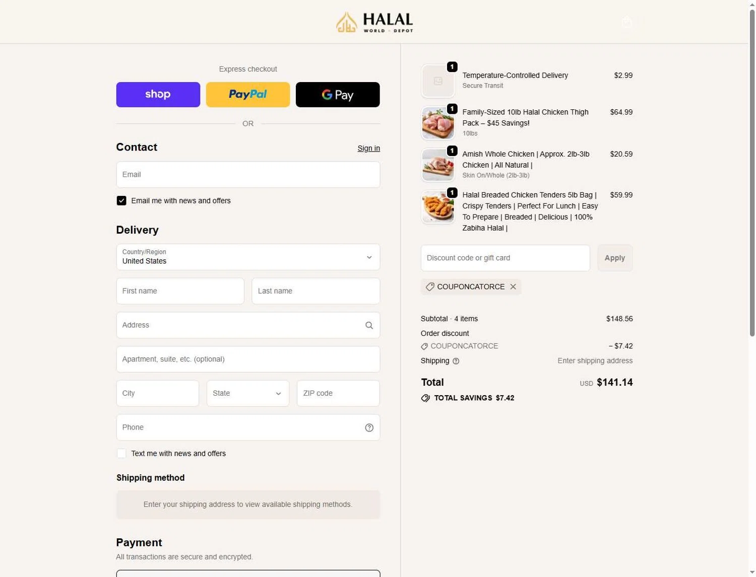 HalalWorldDepot promo code screenshot showing code COUPONCATORCE applied at HalalWorldDepot checkout page. Uploaded by SimplyCodes community member Andaspendientedeunovale on May 31, 2026