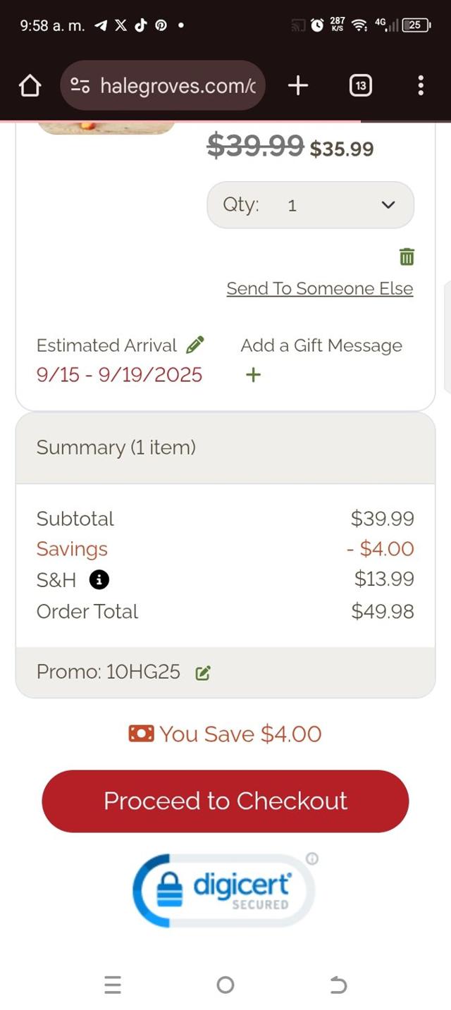 Hale Groves checkout page showing Hale Groves promo code box | Screenshot taken by SimplyCodes community member on Sep 9, 2025