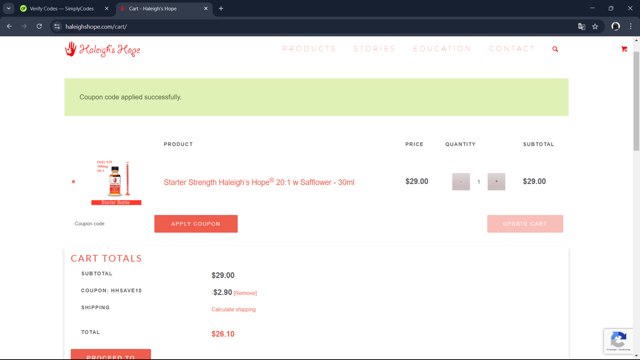 Haleigh's Hope checkout page showing Haleigh's Hope promo code box | Screenshot taken by SimplyCodes community member on Feb 10, 2025