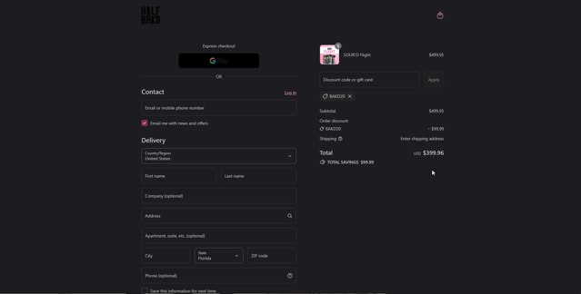 HALF BAK'D checkout page showing HALF BAK'D promo code box | Screenshot taken by SimplyCodes community member on Aug 21, 2025