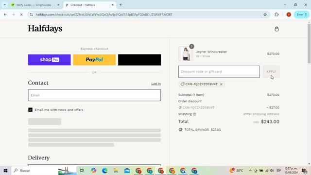 Halfdays checkout page showing Halfdays discount code box | Screenshot taken by SimplyCodes community member on Sep 10, 2024