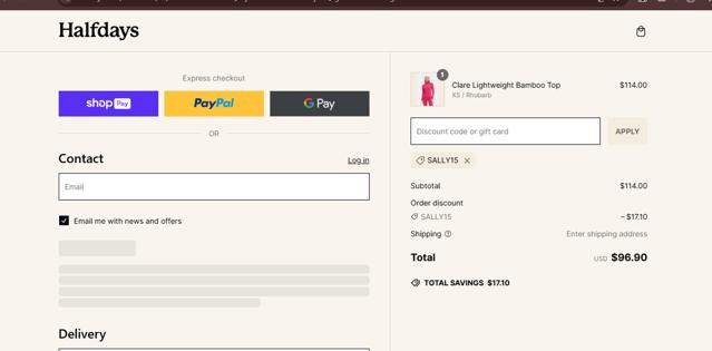 Halfdays checkout page showing Halfdays discount code box | Screenshot taken by SimplyCodes community member on Dec 13, 2024