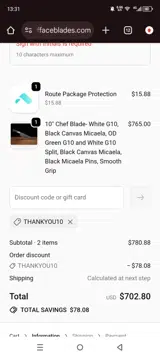THANKYOU10 coupon verification screenshot