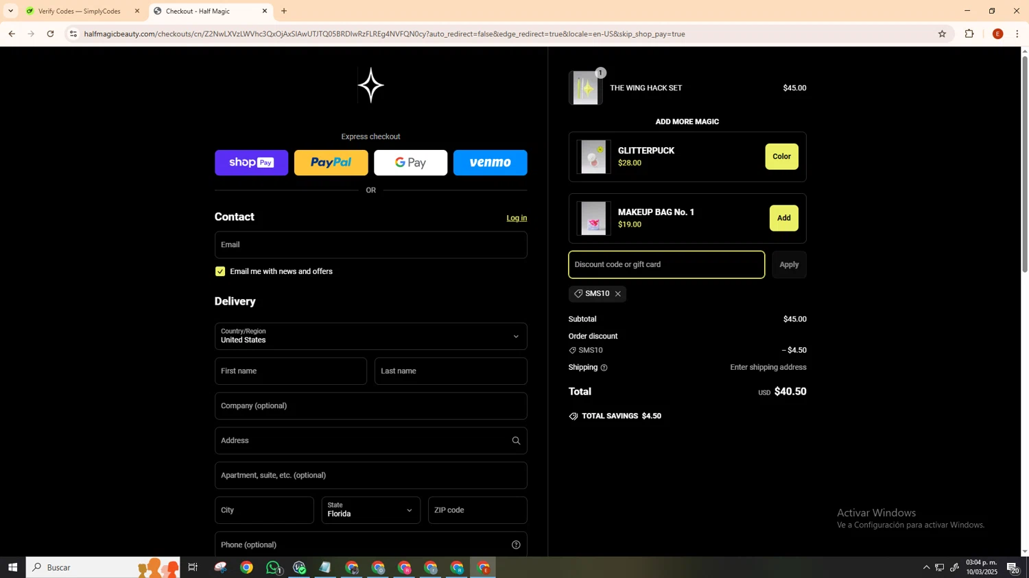 Half Magic coupon code screenshot showing code SMS10 applied at Half Magic checkout page. Uploaded by SimplyCodes community member MoneyScout5902 on Mar 10, 2025