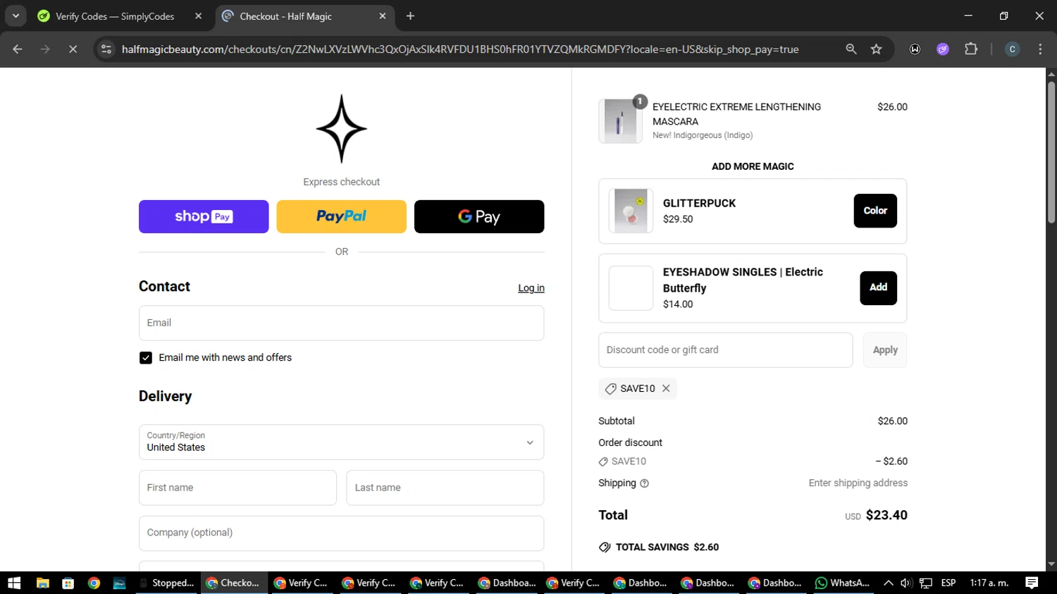 Half Magic coupon code screenshot showing code SAVE10 applied at Half Magic checkout page. Uploaded by SimplyCodes community member Nata_Montana on Jun 21, 2025