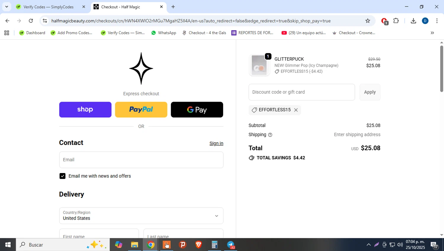 Half Magic coupon code screenshot showing code EFFORTLESS15 applied at Half Magic checkout page. Uploaded by SimplyCodes community member danielgarcia1 on Oct 25, 2025