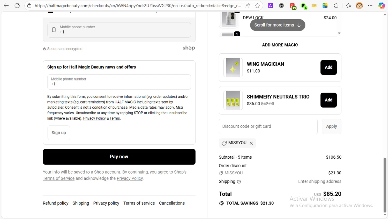 Half Magic coupon code screenshot showing code MISSYOU applied at Half Magic checkout page. Uploaded by SimplyCodes community member PrincessCoupon on Nov 3, 2025