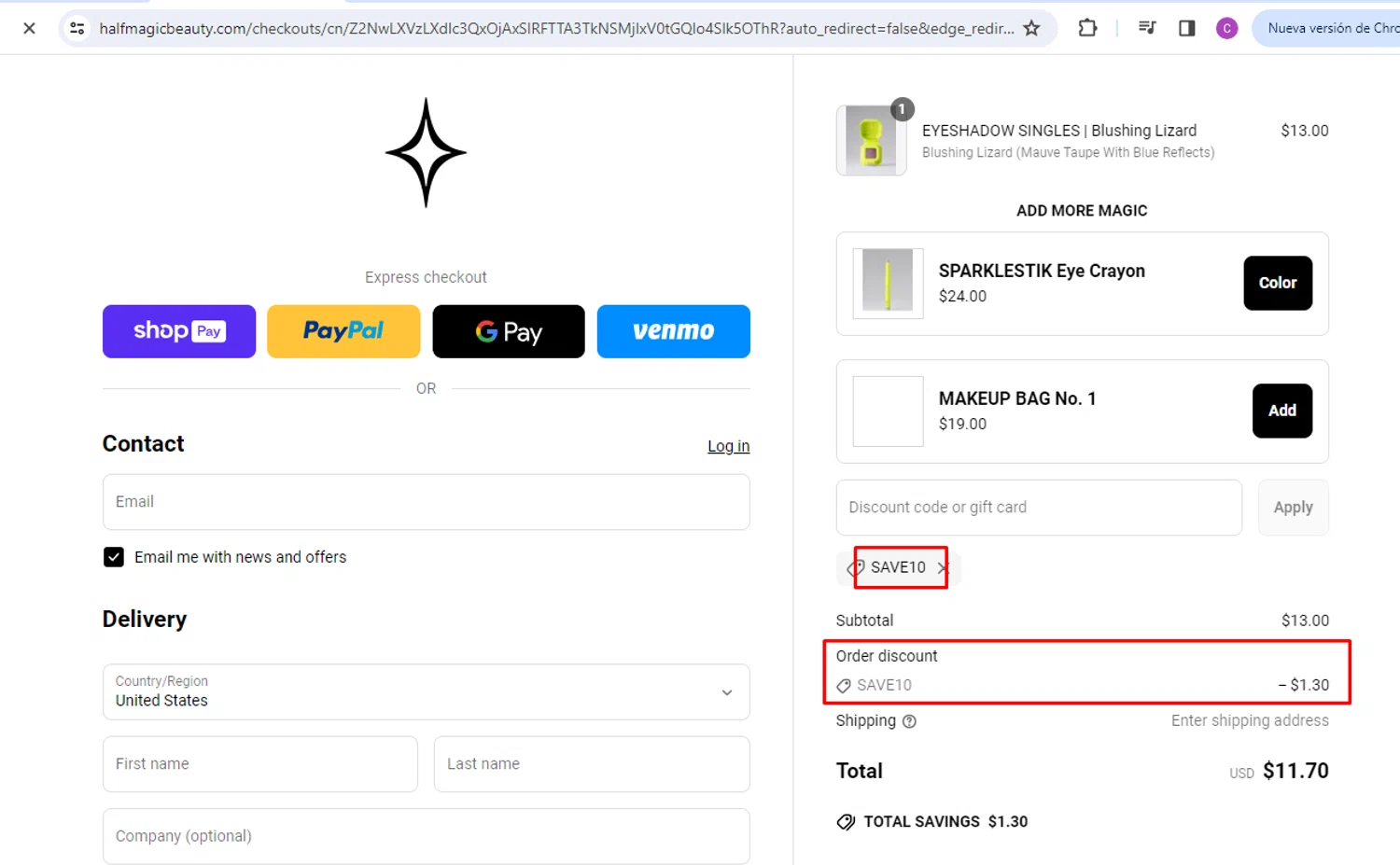 Half Magic coupon code screenshot showing code SAVE10 applied at Half Magic checkout page. Uploaded by SimplyCodes community member nileskamarcano on May 4, 2025