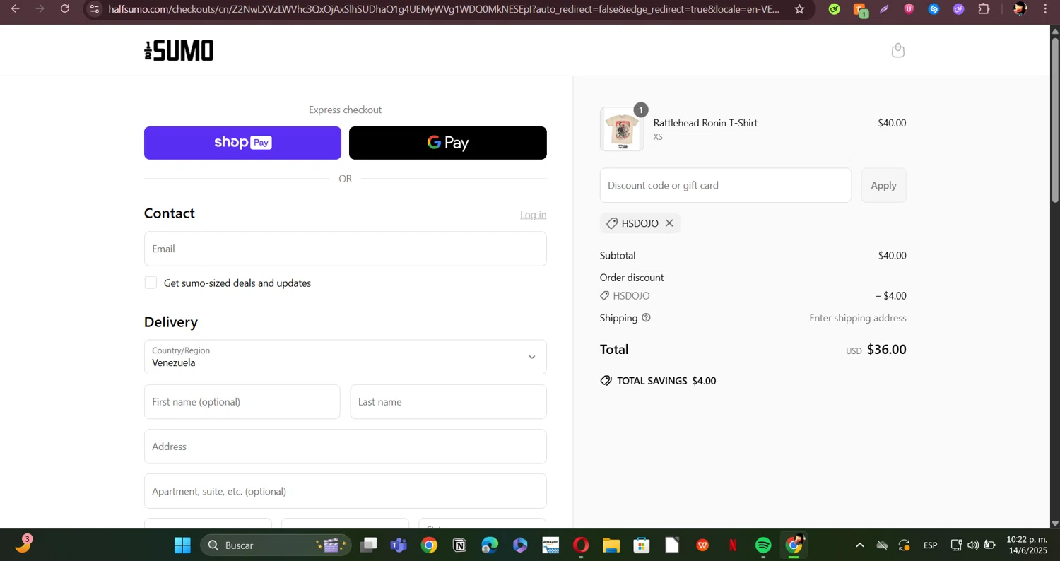 Half Sumo discount code screenshot showing code HSDOJO applied at Half Sumo checkout page. Uploaded by SimplyCodes community member ERI0810 on Jun 15, 2025